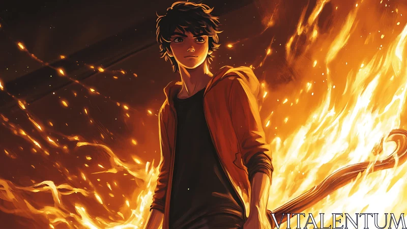 Fiery teen hero standing defiant amid swirling flames.