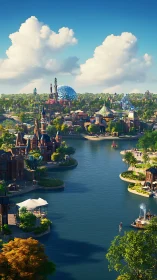Colorful riverfront fantasy park under bright summer sky.
