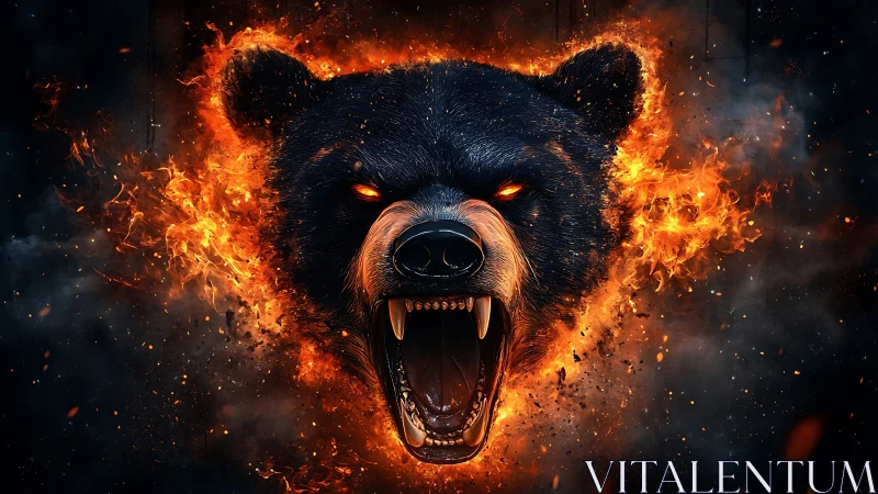 Flaming bear head rendered with high-detail fur, embers, and HDR contrast