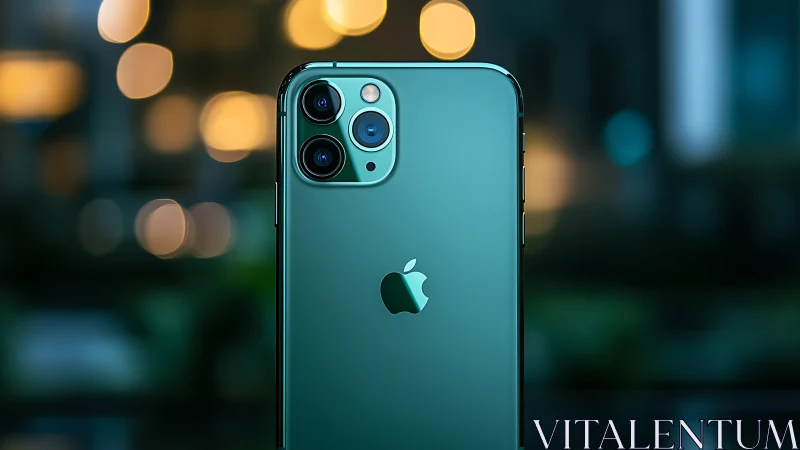 iPhone Pro smartphone with triple lens camera setup in teal color.