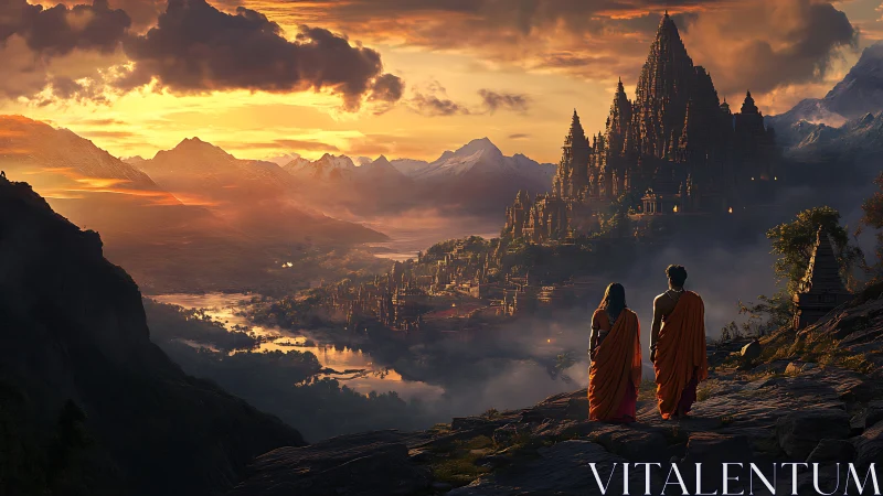 Sunlit pilgrims gaze toward a misty mountain temple city