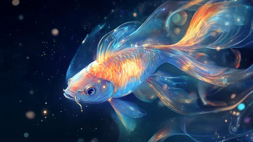 Luminous celestial koi drifts through a star-streaked cosmos.
