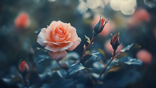 Gentle Peach Rose Blooming Among Tender Buds.