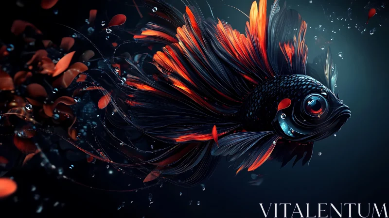 Bioluminescent betta fish glides through dark water drama.