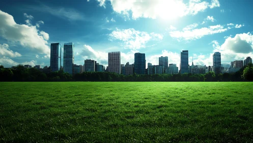 Sunlit city skyline watching over a quiet green meadow.