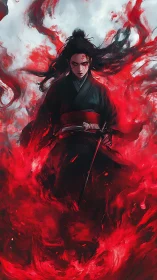Blood-red storm crowns the vengeful samurai in swirling flame