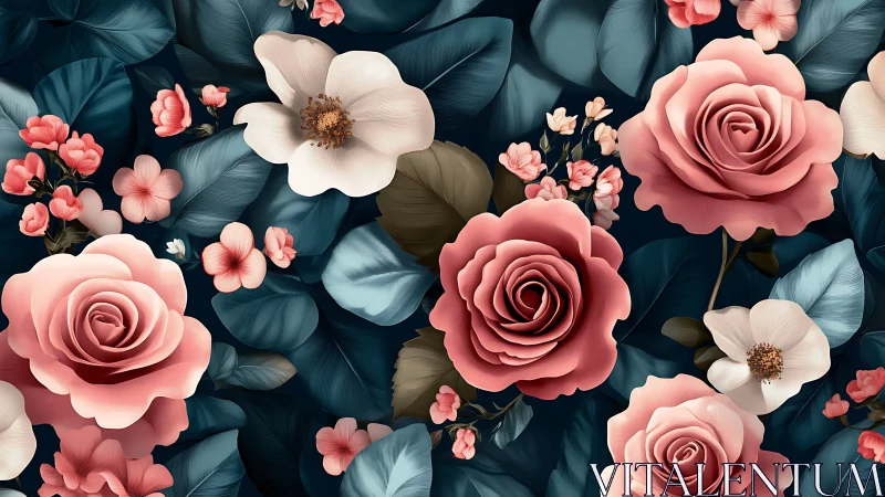 Lush Floral Garden With Pink Roses and Cream Blooms