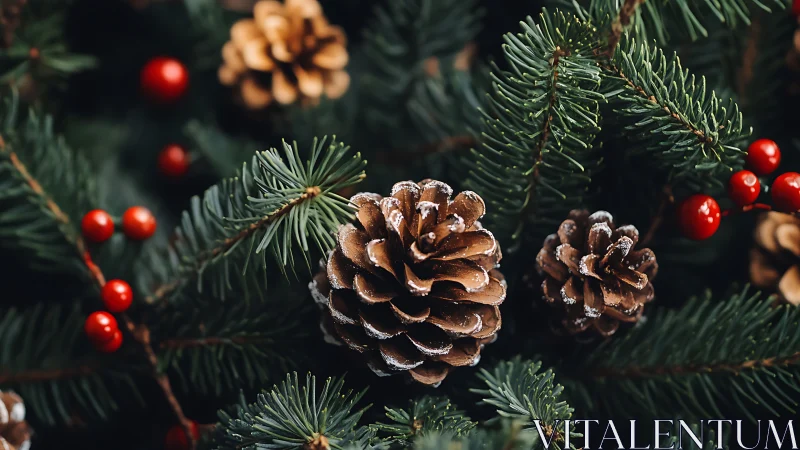 Frosted pinecones nestled in evergreen holiday branches.