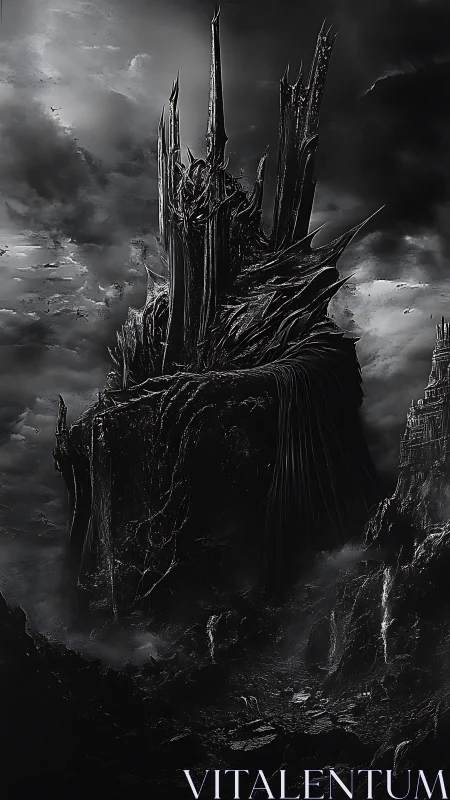 Obsidian fortress rises over storm-lashed volcanic wasteland.