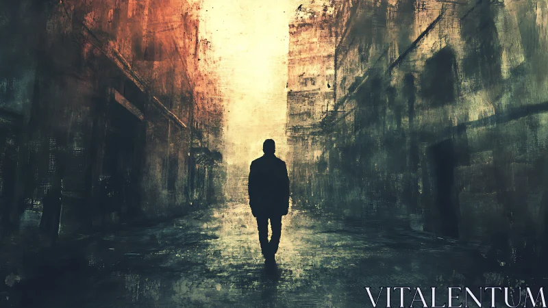 Solitary walker drifting through a softly glowing city street.