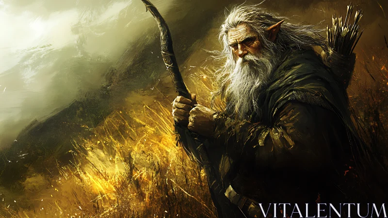 Weathered elven ranger stands armed in a fiery wild field.