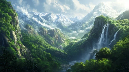 Emerald valley with cascading waterfalls under snow peaks.