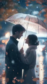Couple under translucent umbrella in rain with bokeh backdrop.