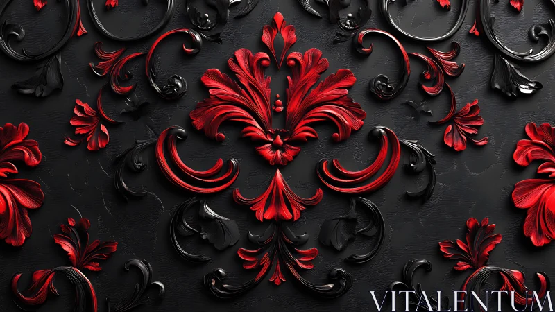 Baroque red and black floral scrollwork in bold relief.