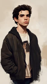 Moody portrait of young man in oversized dark jacket