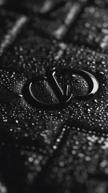 Macro shot of glossy monogram on wet textured black surface