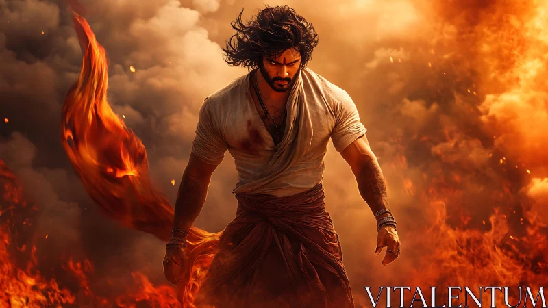 Male figure walks through dense flames and billowing smoke