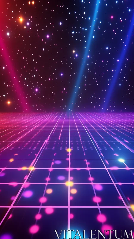 Neon grid horizon renders retrofuturistic starfield with volumetric beams