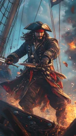 Pirate captain leading fiery boarding attack at sea.
