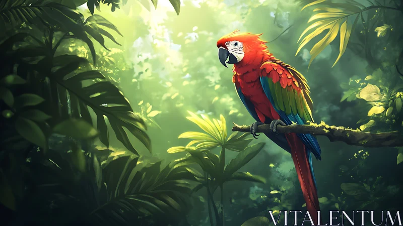 Scarlet macaw resting in sunlit emerald jungle calm.