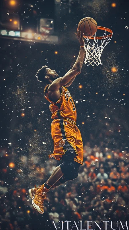 Dynamic basketball dunk in cinematic digital painting style.
