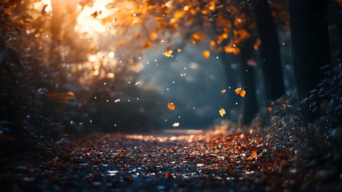 Golden forest path glows gently as autumn leaves drift down