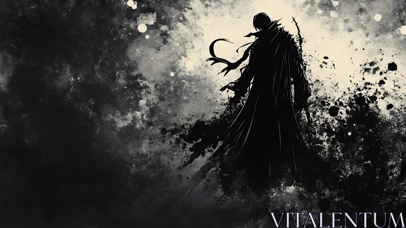 Shadow reaper strides through splattered twilight void.