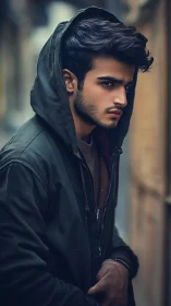 Portrait of young man in hooded jacket on street background.