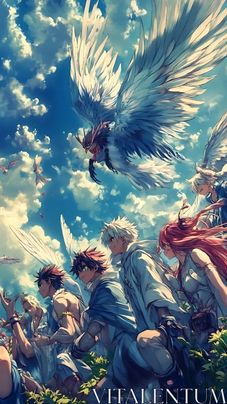 Dynamic winged warriors advance under volumetric cloud sky