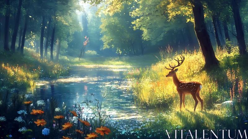 Backlit stag stands by reflective forest river in diffuse light