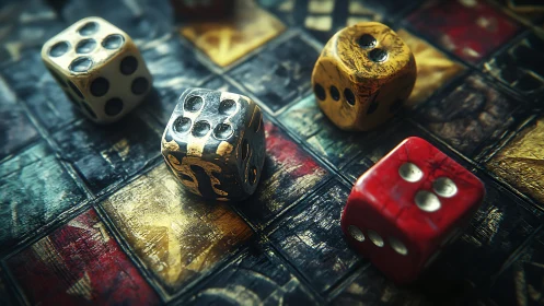 Weathered dice parading across a myth-touched gameboard.