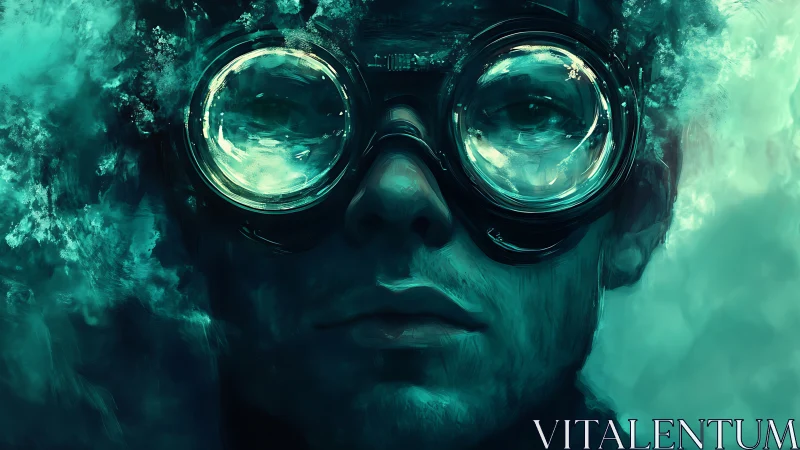 Teal-graded portrait shows reflective goggles in dense vapor field