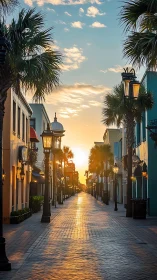 Linear palm-lined pedestrian street under axial sunrise glow.