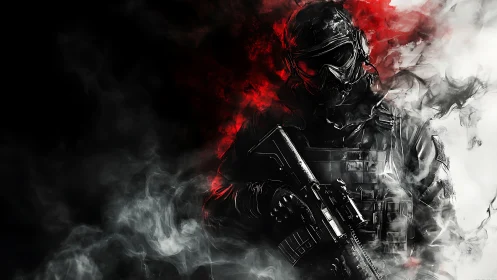 Armored tactical operator rendered in high contrast smoke gradients