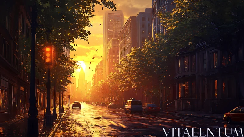 Sunlit city boulevard drifts into molten amber evening glow.