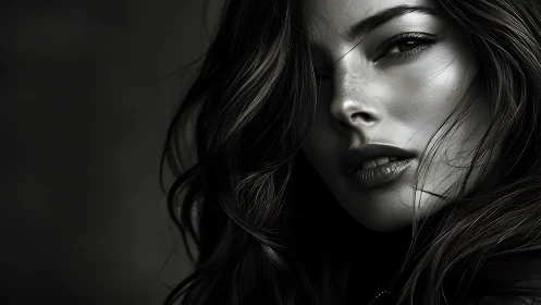 Monochrome close portrait of woman with flowing hair.