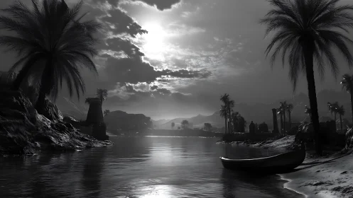 Moonlit riverbank with palm silhouettes and distant ruins