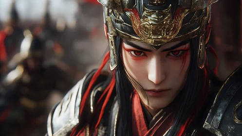 Crimson-eyed warlord in blazing ceremonial battle armor.
