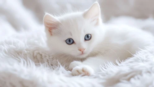 White kitten with blue eyes on fluffy blanket.