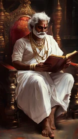 Elderly robed man reading on ornate throne-like chair.