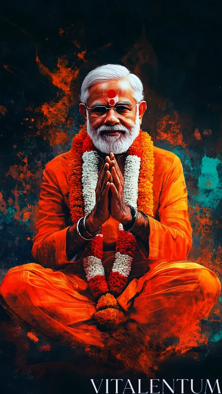 Digital portrait of seated elder in orange robes and garlands.