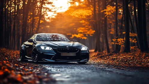 Photorealistic coupe on autumn forest road with cinematic light.