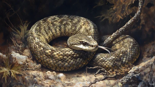 Coiled viper in rocky leaf litter with hyper-detailed scale topology.