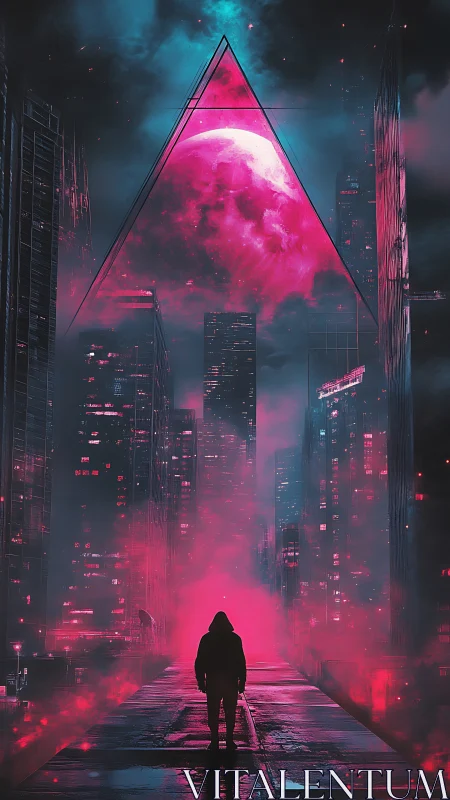 Neon moon pyramid hovers above a lone wanderer’s city path