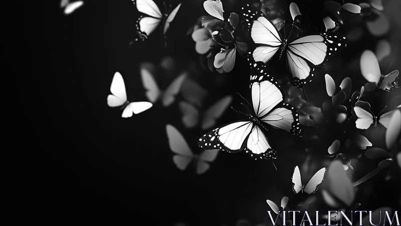Monochrome monarch swarm in high-contrast optical bloom.