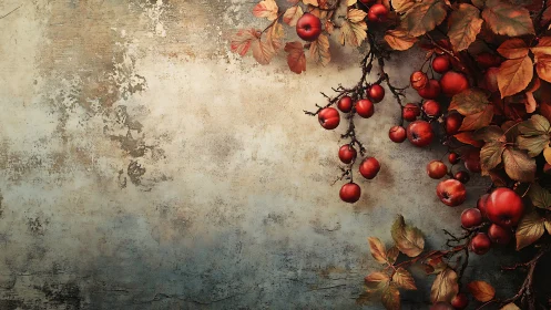 Red fruit branches extend across a textured weathered wall
