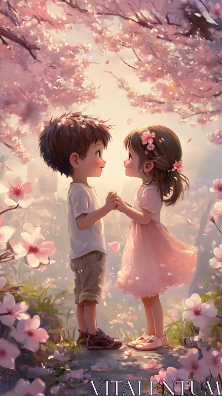 Children Amid Cherry Blossom Canopy with Luminous Particle Effects.