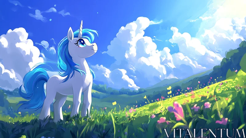 Dreamy blue-maned unicorn gazes hopefully across sunny hills