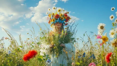 Woman stands in wildflower meadow wearing large floral crown