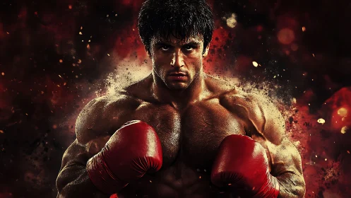 Male Athletic Pugilist Portrait With Explosive Particle Effects.
